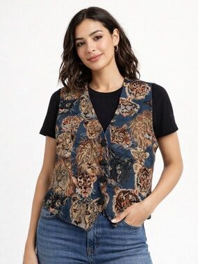Facets Animal Tapestry Vest with Multicolor Wildlife Print